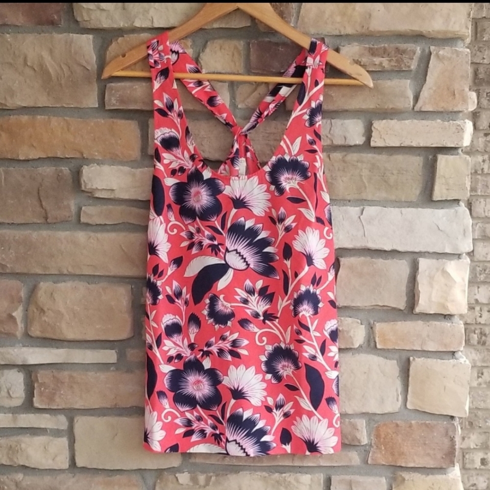 J. Crew Hibiscus Floral Coral Navy Top z 6 NWOT